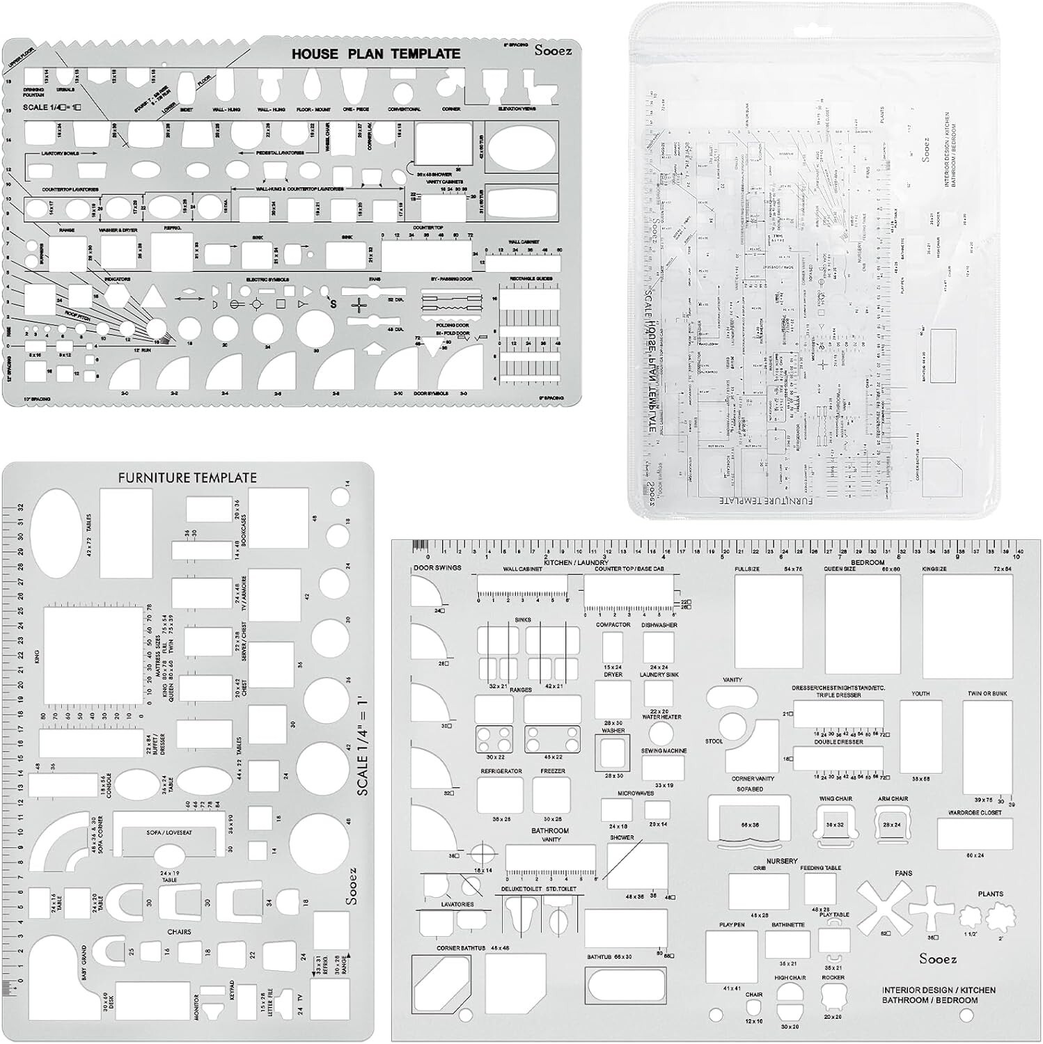3Pcs Architectural Templates House Plan Interior Design Furniture Drafting Ruler