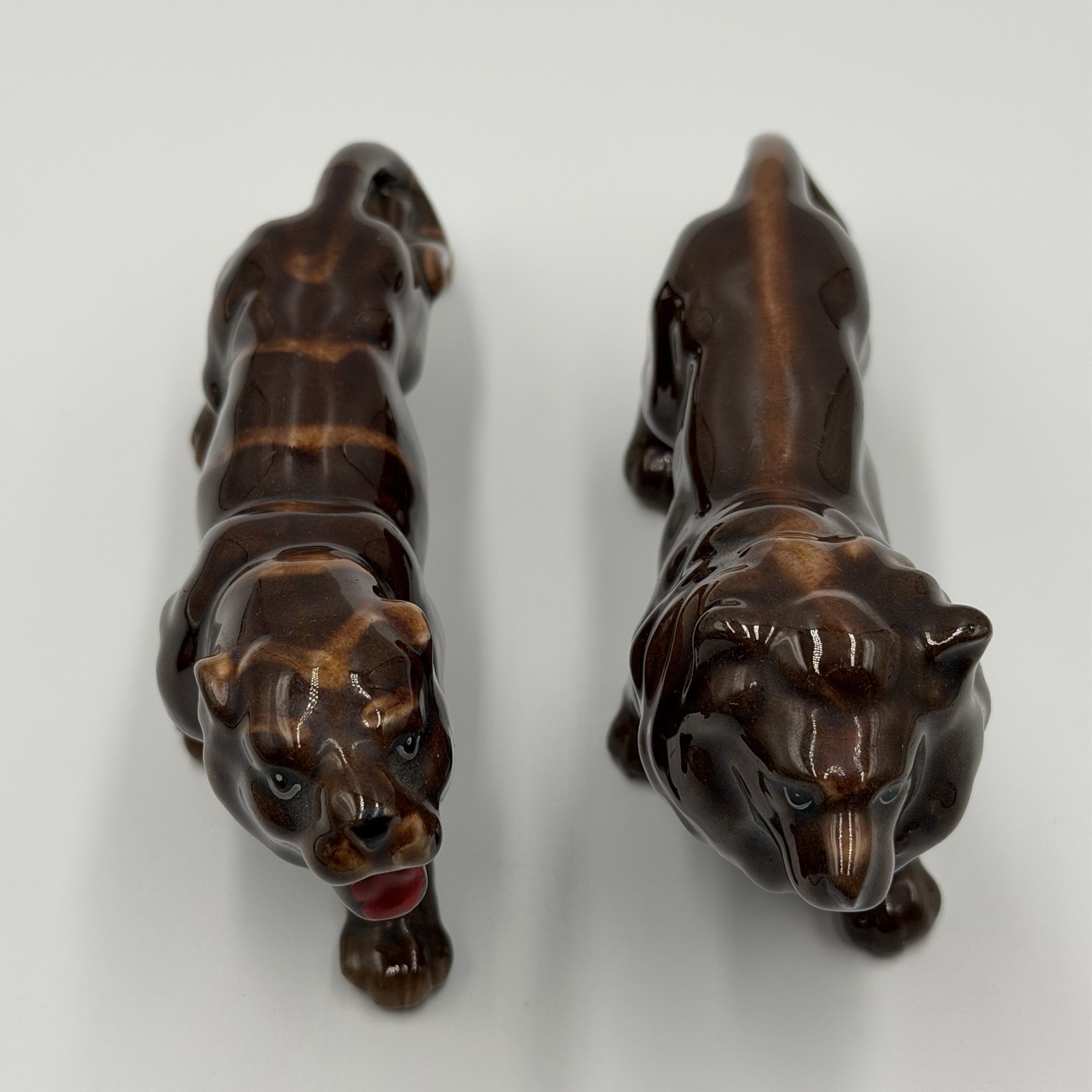 Vintage Japan Ceramic Lion & Lioness Figurines Brown Glazed Mid Century Pair 6”