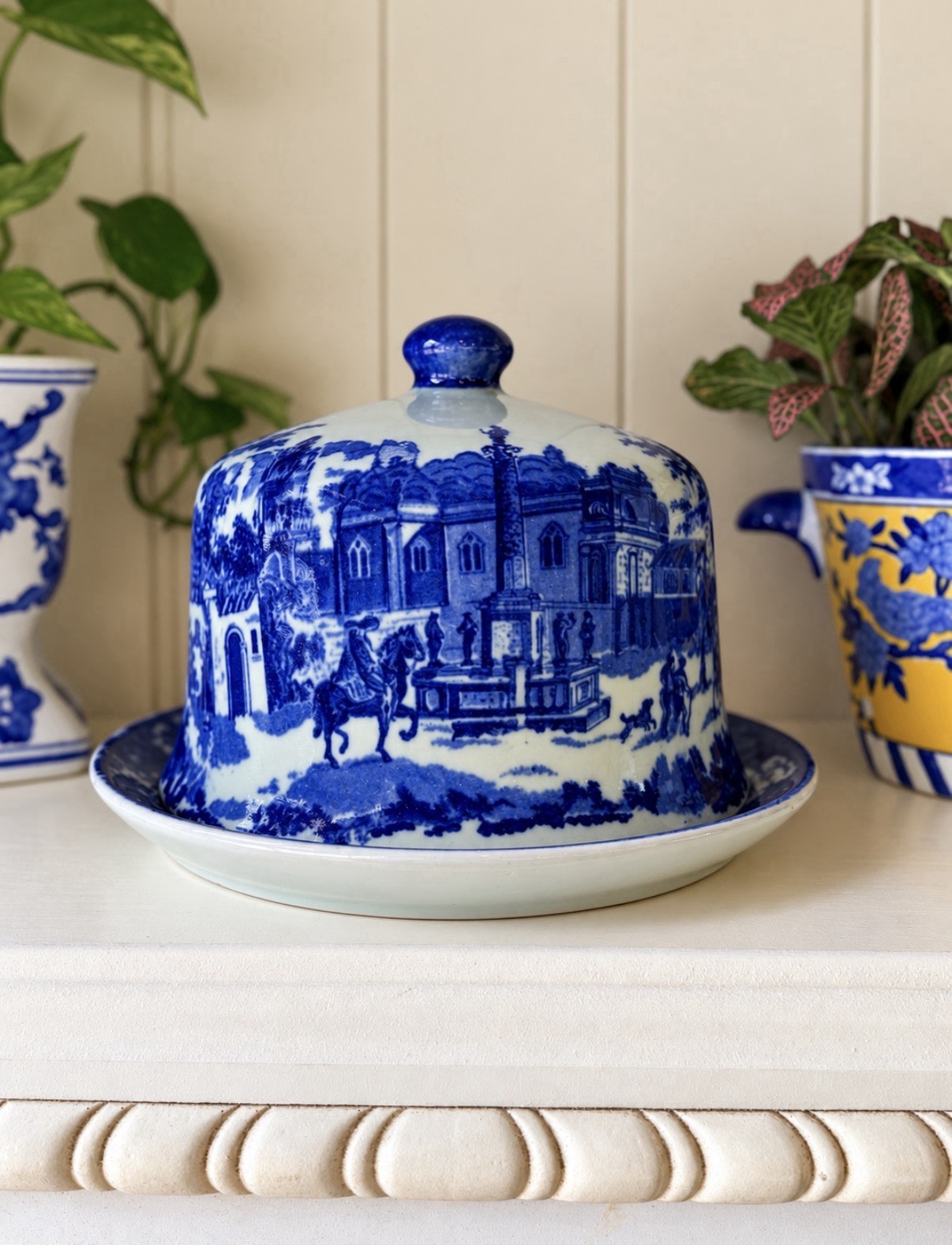 Vintage Blue White Transferware Cheese Keeper Dome Plate Victorian Reproduction