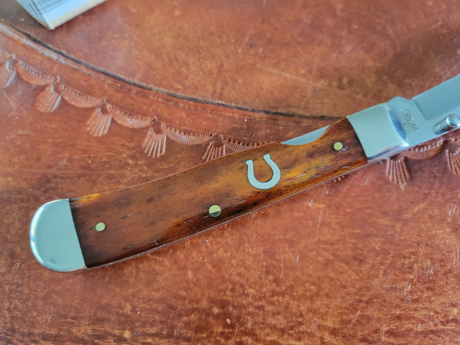 Case Trapper Lock knife. Rare horseshoe emblem. Smooth  Chestnut  bone