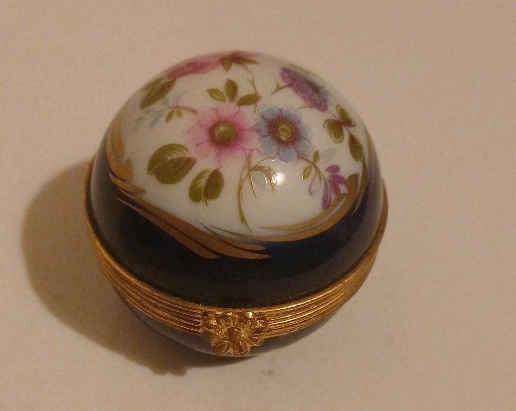 Vintage Limoges Round Trinket Box Cobalt Blue/White with Miniature Scent Bottle