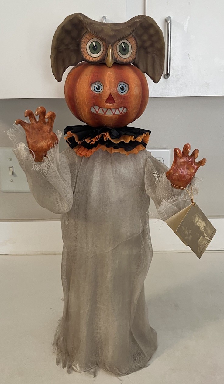 Vintage Halloween Bethany Lowe Pumpkin Ghoul W/Owl Mask Paper Mache 23”H