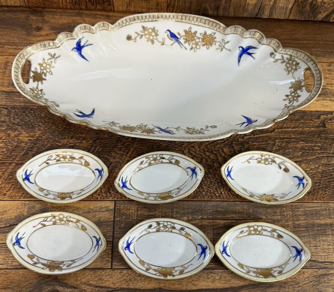 ANTIQUE NIPPON HAND PAINTED PORCELAN CELERY/RELISH DISH & SALT CELLARS LOT