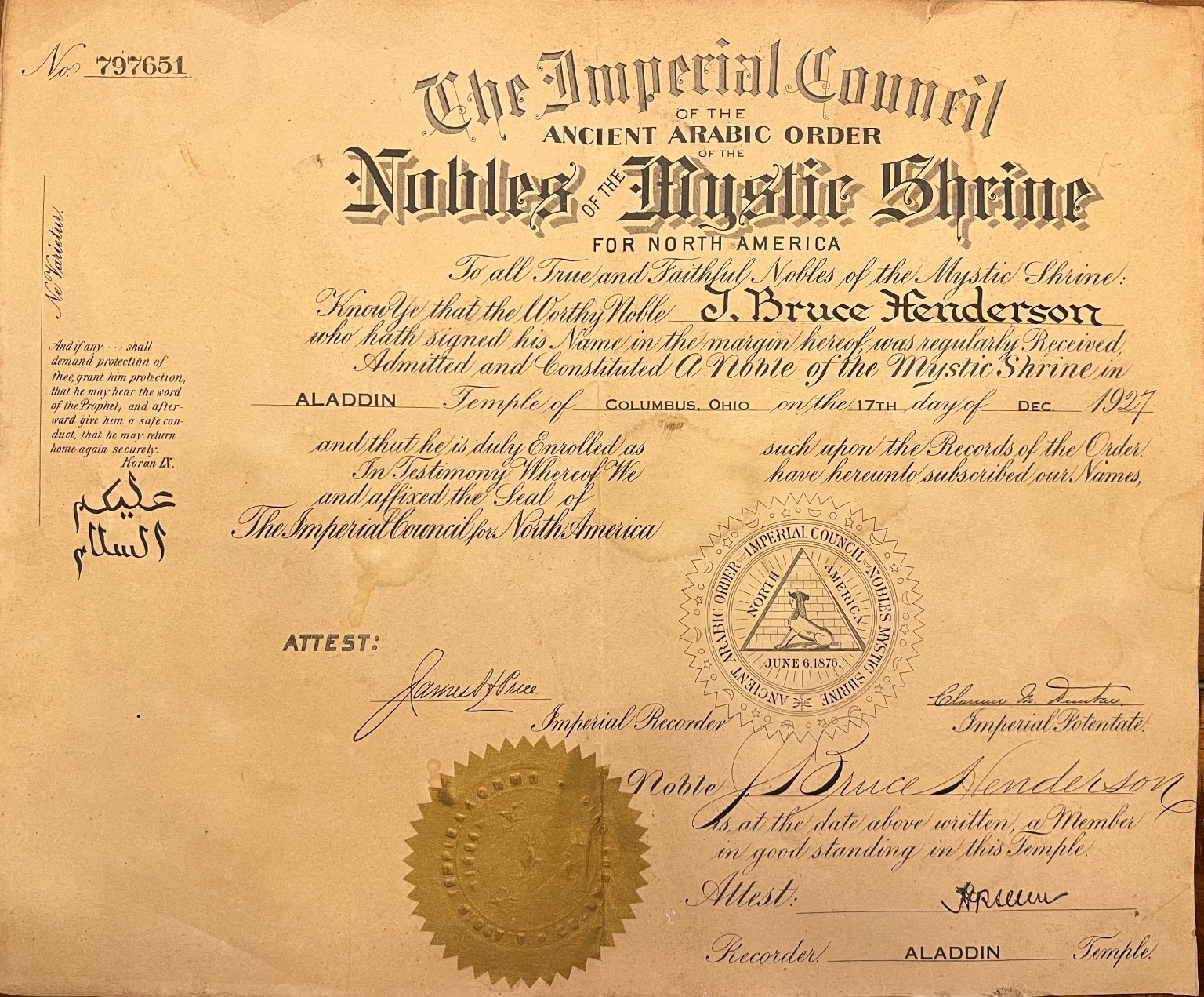 1927 Shriners Mystic Shrine Columbus Ohio Membership Certificate A.A.O.N.M.S.
