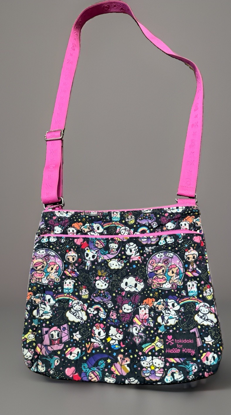 Tokidoki for Hello Kitty Crossbody Bag Black Multicolor Print Zip Pockets 2017