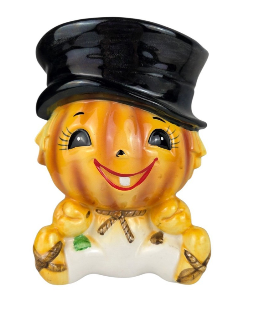Vintage Lefton Anthropomorphic Pumpkin Scarecrow Planter 6400 Japan Top Hat 6.5\