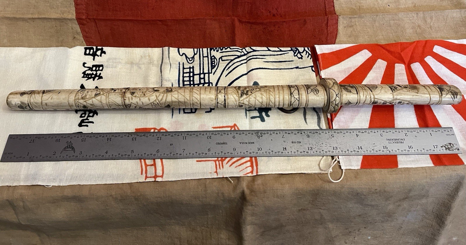 ANTIQUE JAPANESE CARVED SCRIMSHAW ENGRAVED FIXED BLADE SWORD KNIFE DAGGER TANTO