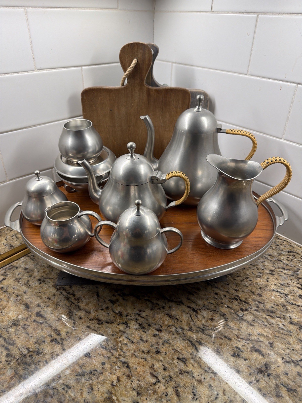 Vintage Meeuws Holland Pewter Tea Coffee Set MCM Rattan Handle Tray