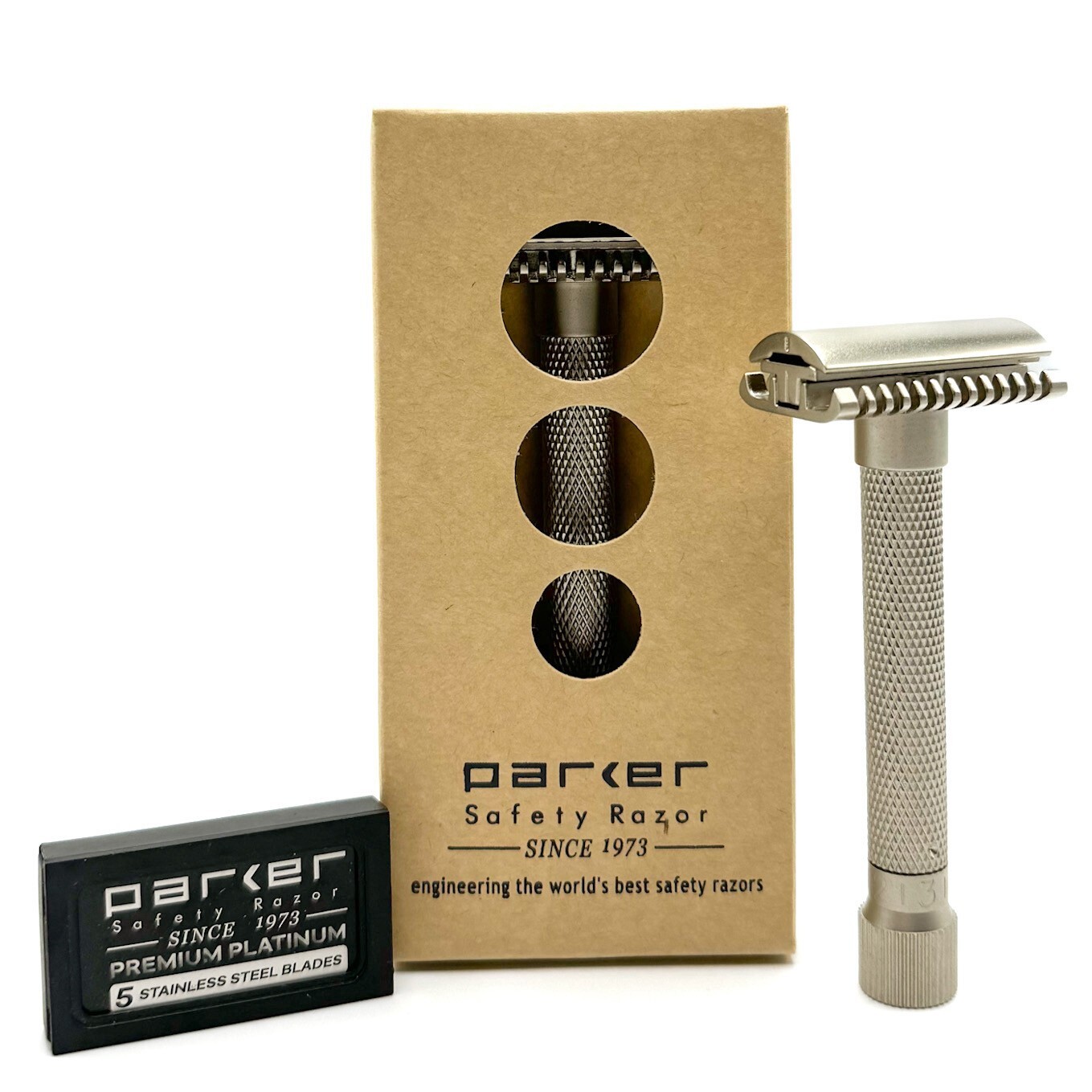 Parker Variant ADJUSTABLE Safety Razor New OPEN Comb & 5 DE Blades Satin Chrome