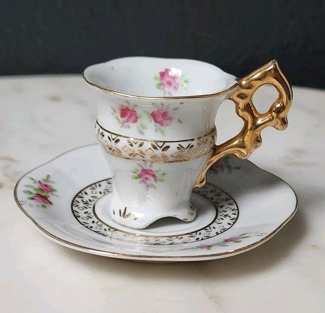Antique 1920s 30s Japan Miniature Tea Cup Saucer Pink Roses Ornate Gold Handle
