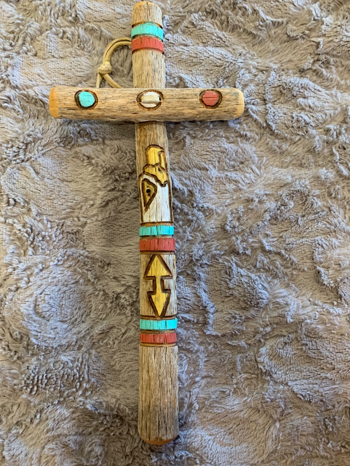 Ocean wood Native signed cross with painted symbols northwestern   totem