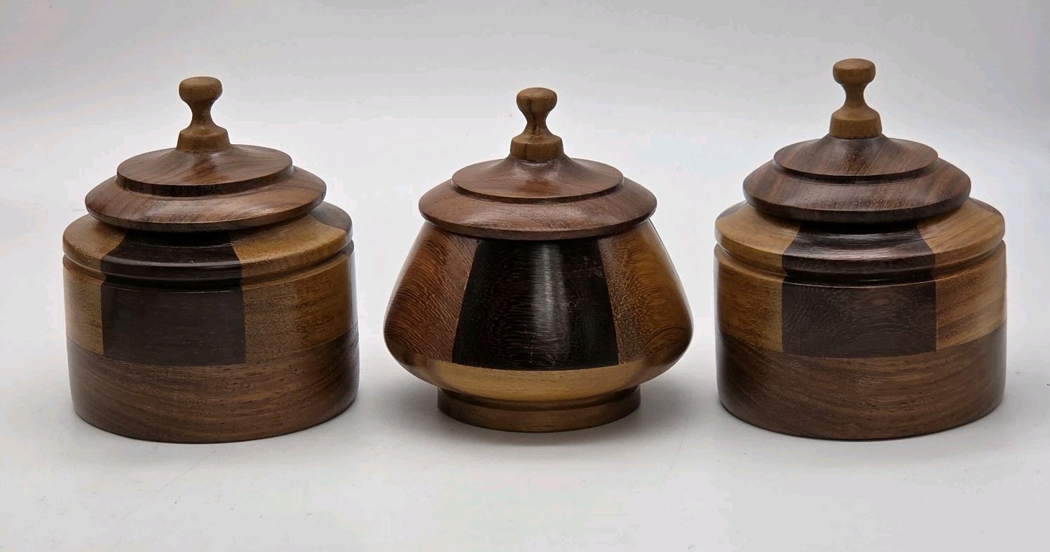 Trinket Box Handmade Turned Treen Inlaid Multi Wood Round With Lids 4\