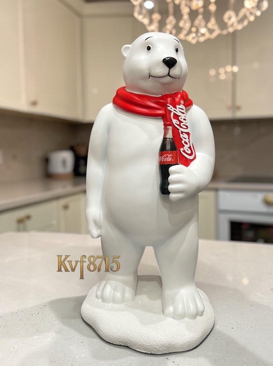 12” Coca-Cola Polar Bear Christmas Figurine w/Bottle of Coca-Cola & Red Scarf