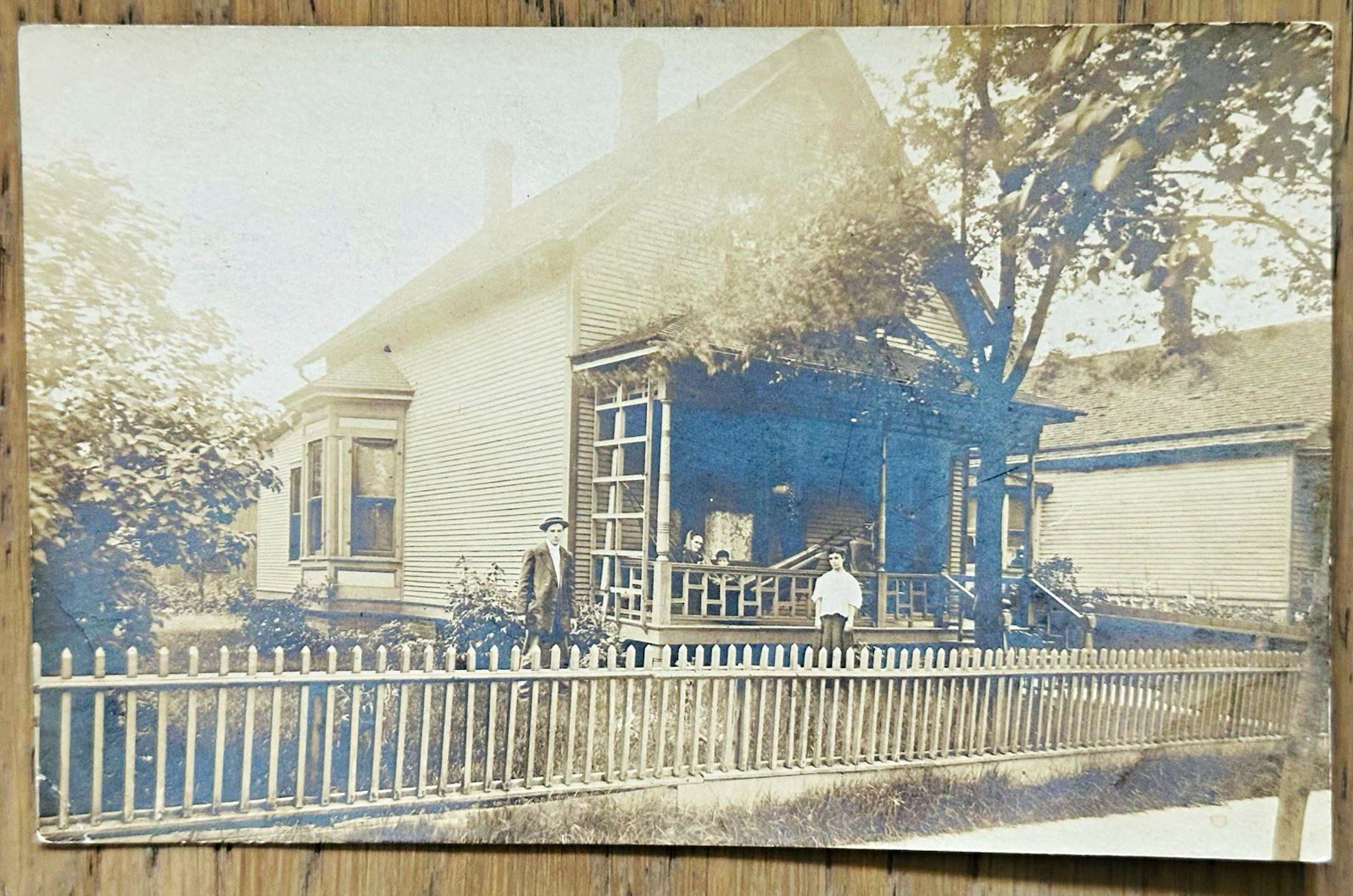 VTG 1910s AZO RPPC House with Family on Porch Picket Fence Real Photo Postcard 