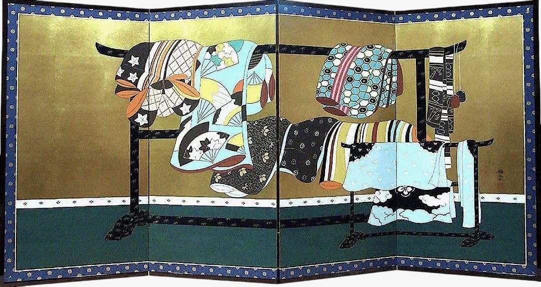 Japanese Gold Leaf 4-Panel Folding Screen Byobu Wall Hanging Tagasode Kimono