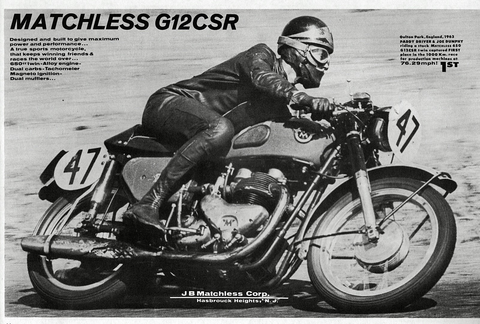 1963 Matchless G-12 CSR Motorcycle Original Print Ad