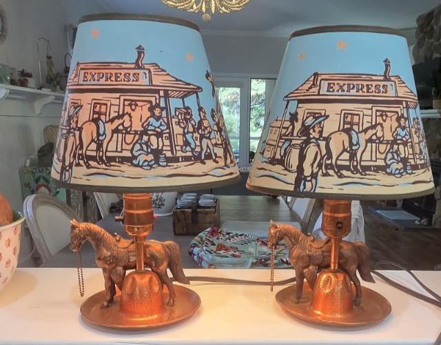 PAIR of Vintage WORKING Horse Western Copper Lamps and Matching Cowboy Shades