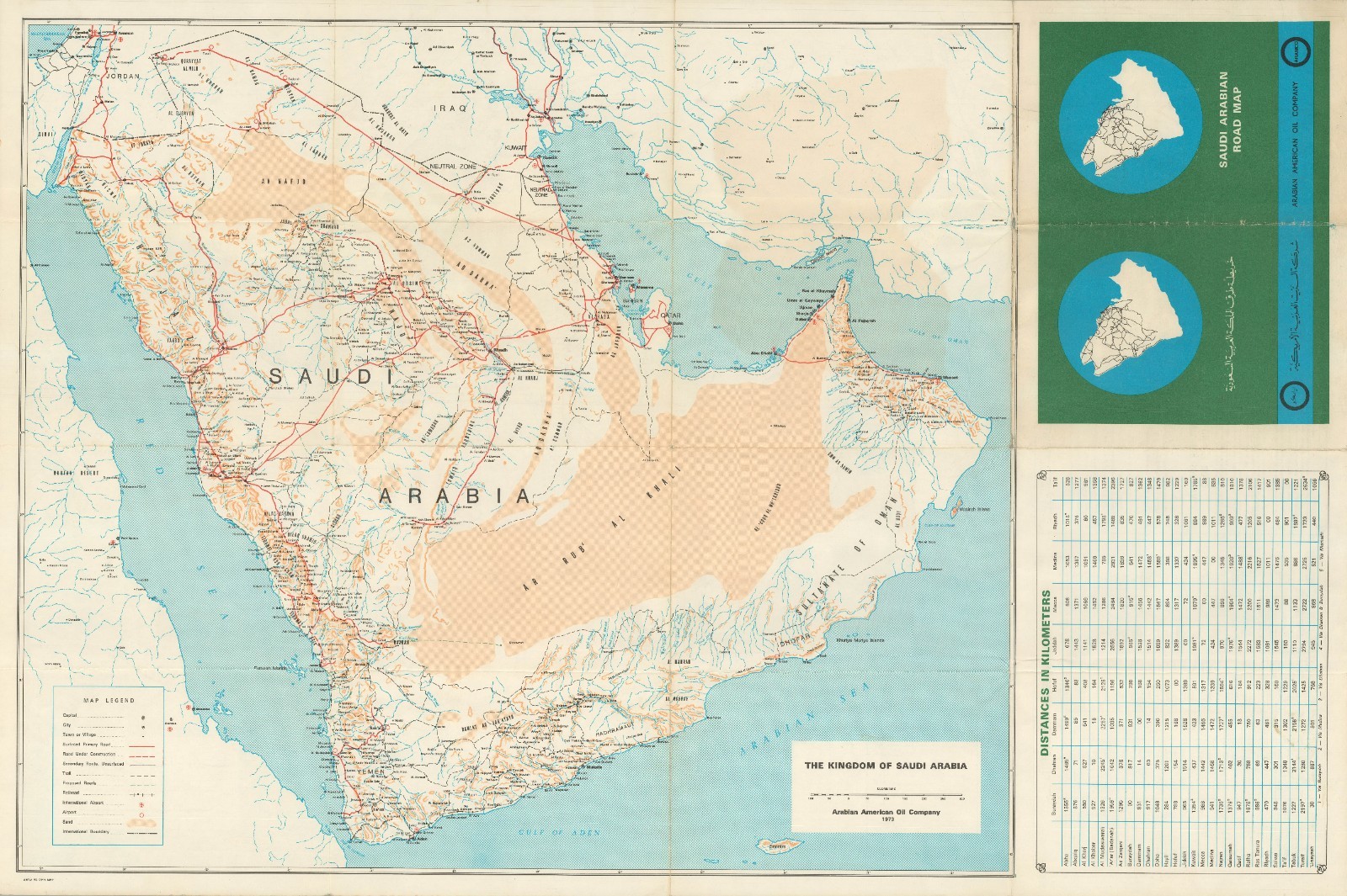 1973 Aramco Bilingual (Arabic - English) Road Map of Saudi Arabia