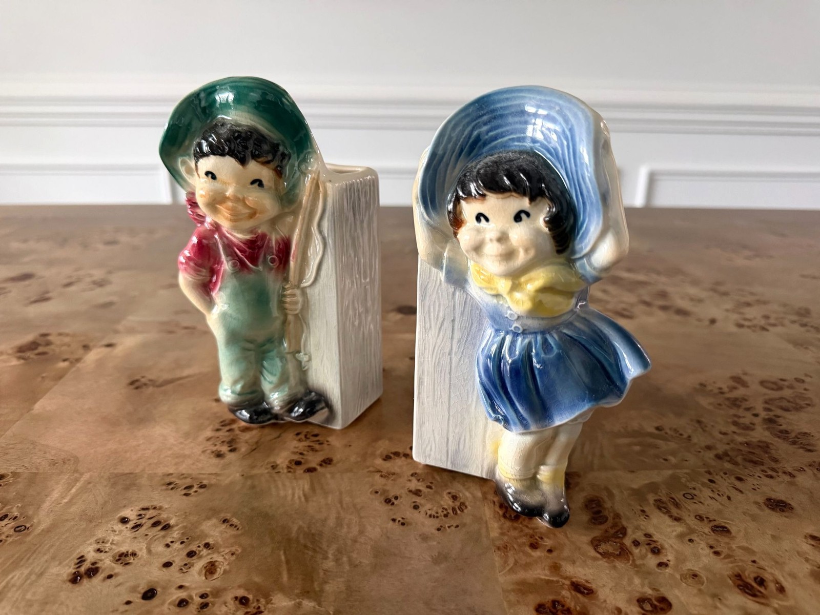 Vintage Royal Copley Country Boy Girl Wall Pockets, Pair Ceramic Planters