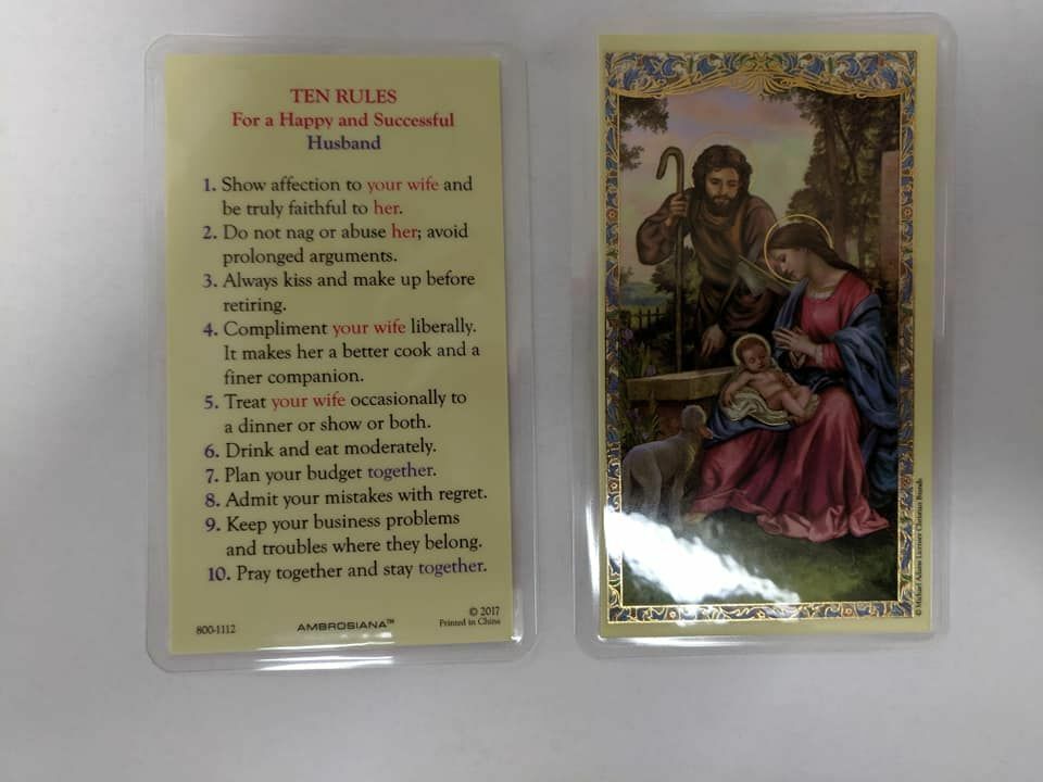 10 Rules for a Happy Husband  Laminated catholic / christian prayer card