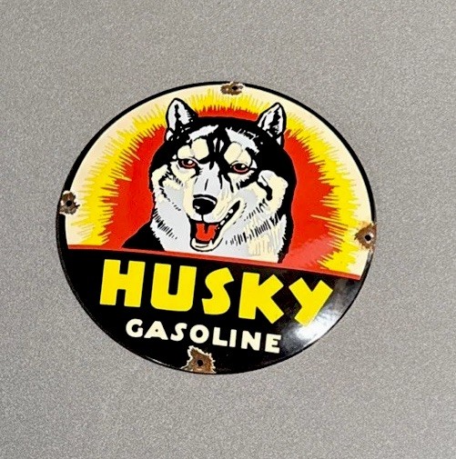 VINTAGE 12” DOMED HUSKE DOG GASOLINE PORCELAIN SIGN CAR GAS OIL MOTORCYCLE