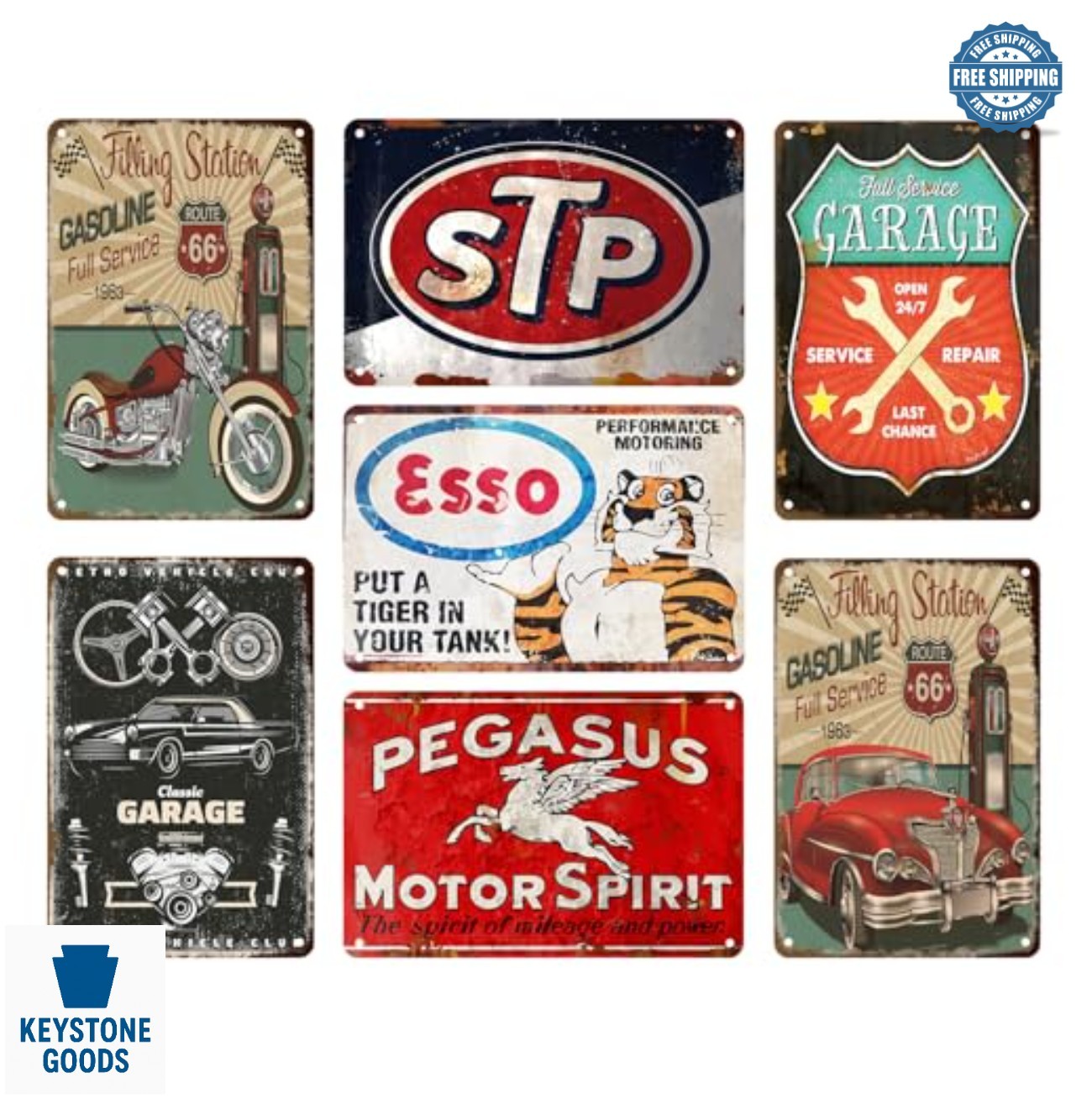 Vintage Metal Tin Garage Signs 7 Pcs 8x12 Inch Retro Oil Gas Station Wall Decor