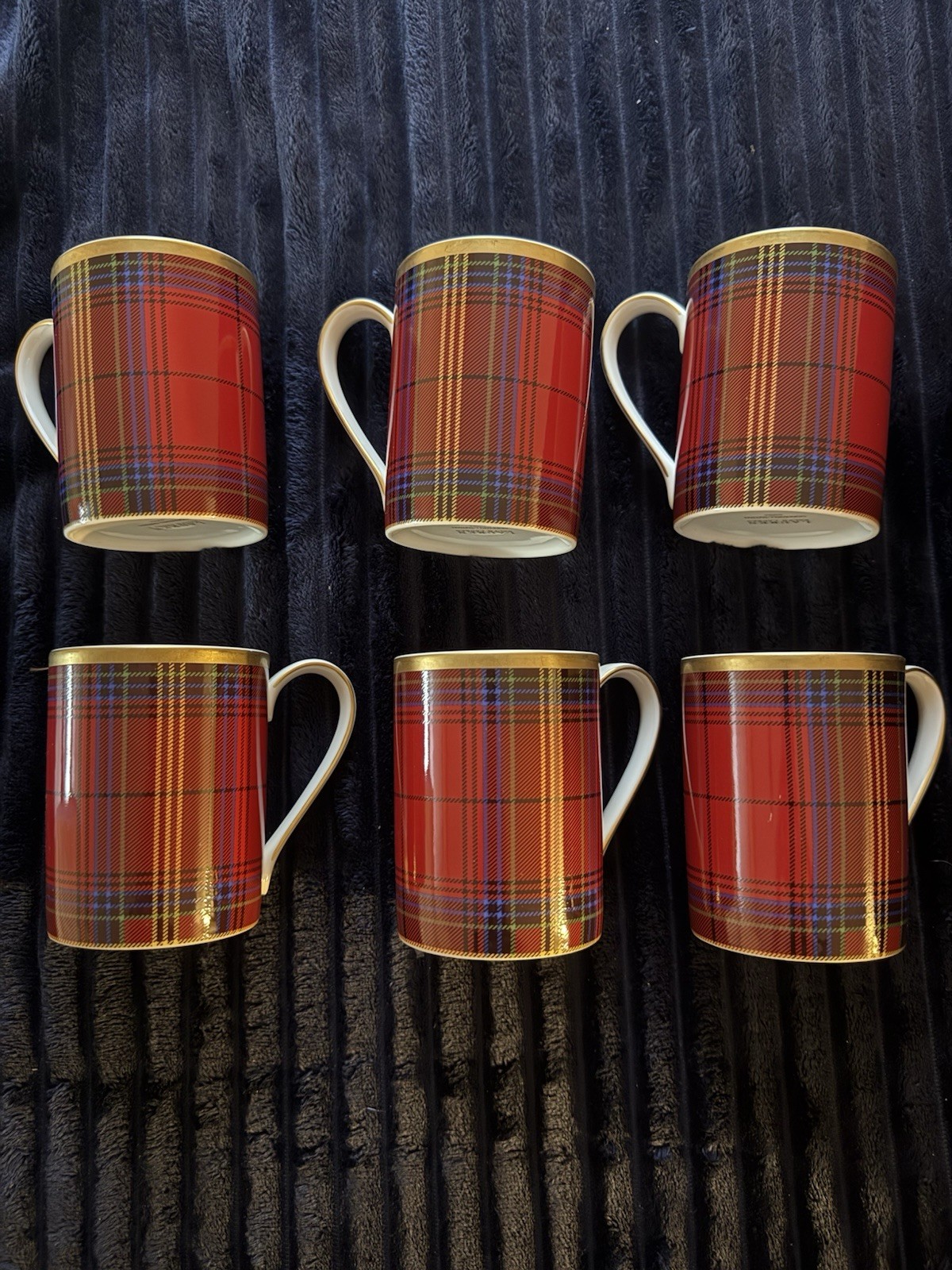 Lauren Ralph Lauren Cornwall Tartan Coffee Mugs Set of 6 Red Plaid Gold Trim