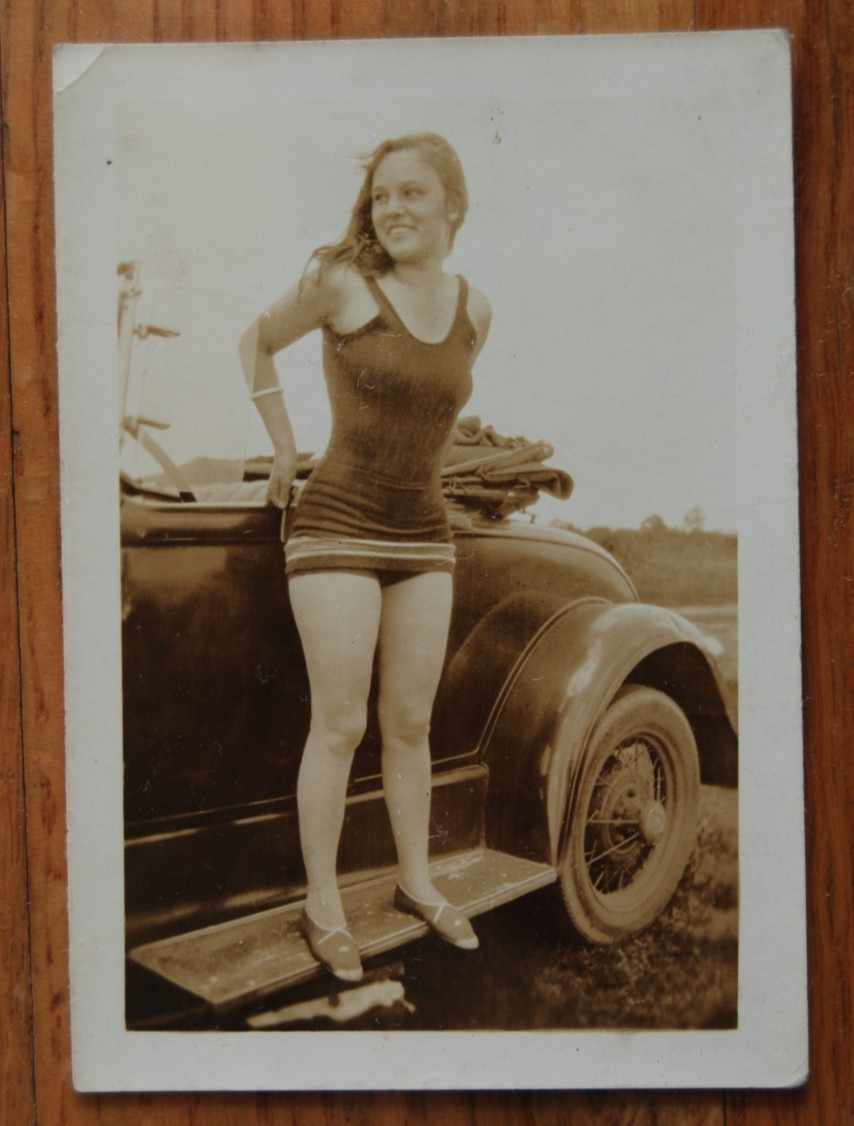1931 VTG Photo w/negative of Woman in Bathing Suit on running board of old car