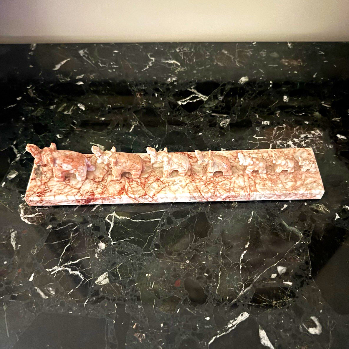 Carved Stone Multi-Figure Relief Figurine, Polished Marbled Pink & White Carved Stone Multi-Figure Relief Figurine, Polished Marbled Pink & White
