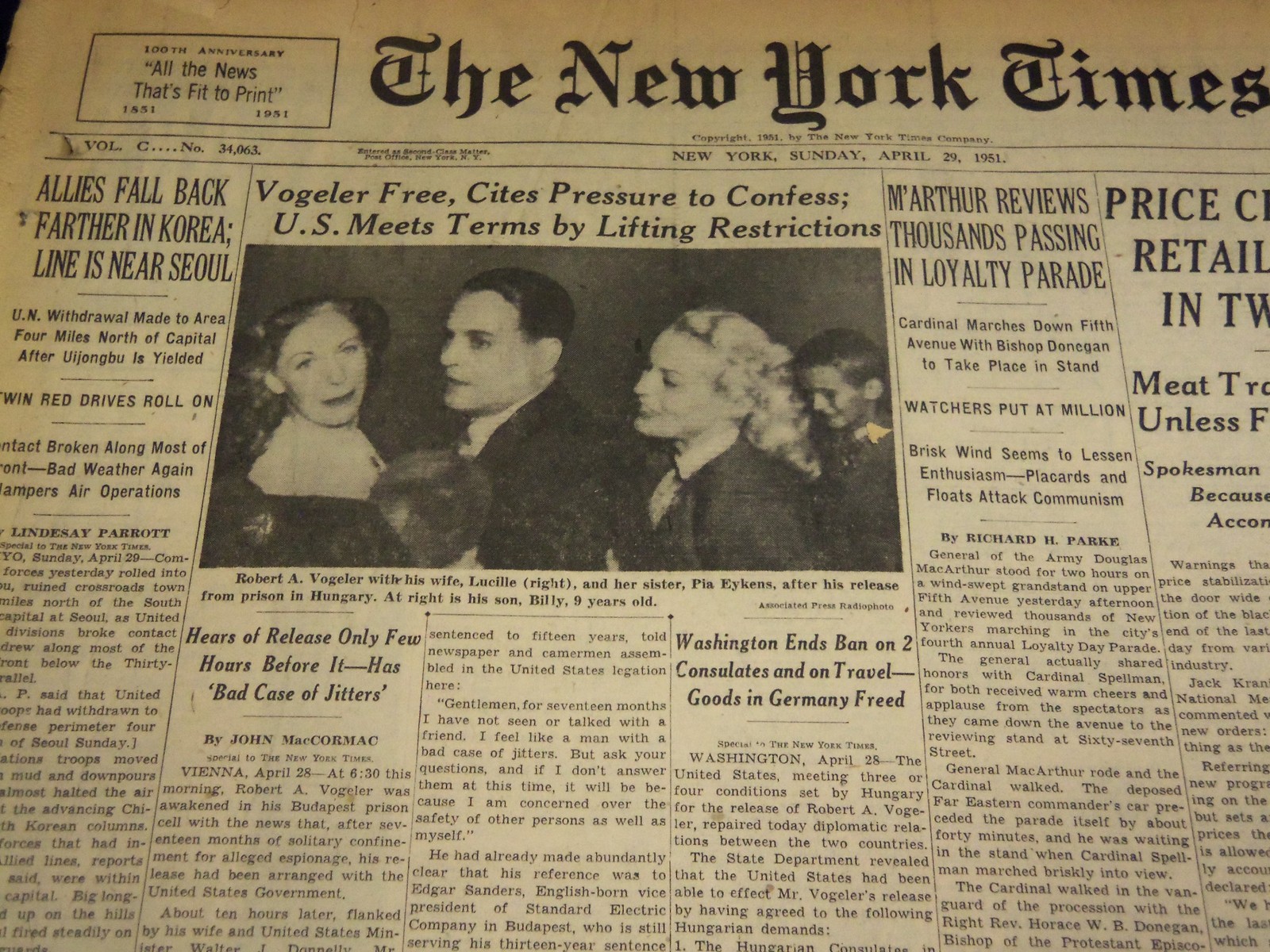 1951 APRIL 29 NEW YORK TIMES - ROBERT VOGELER RELEASED FROM PRISON - NT 1992
