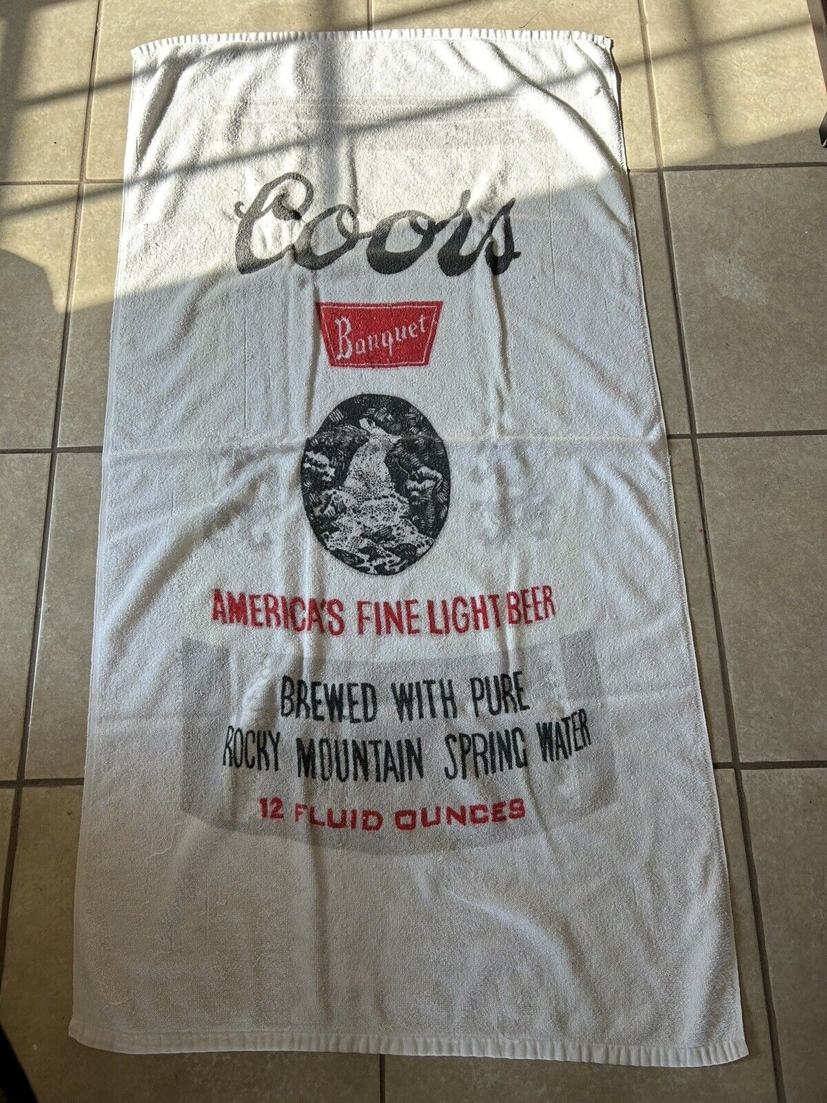 Coors Premium Beer Can Vintage Beach Towel 1970s 1980s White Yellow ~28x53 Inch