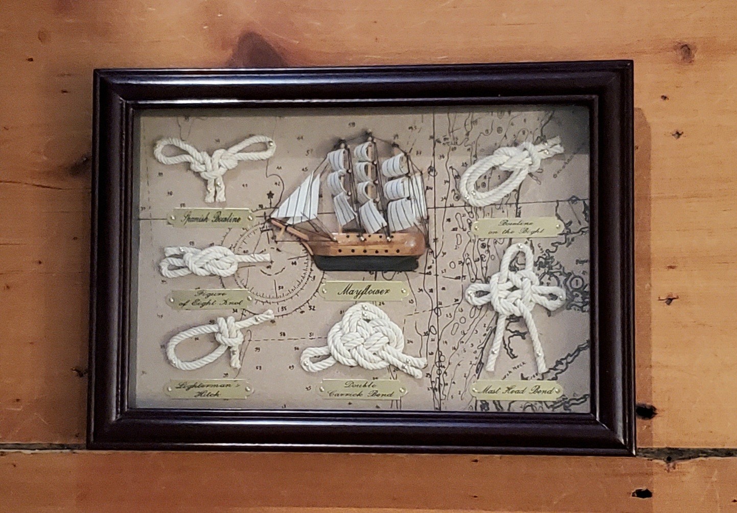 VTG Nautical Mayflower Ship with Roping Knots Display 12 x 9 Shadow Box Diorama