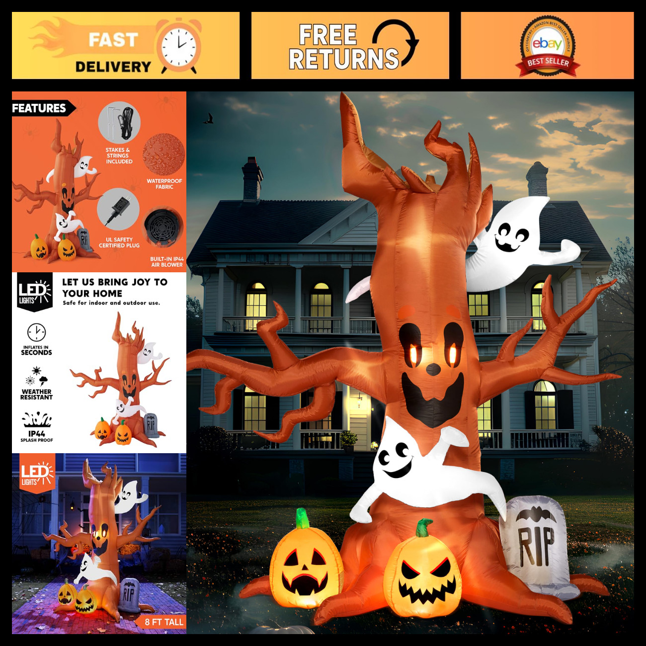 8FT Halloween Inflatable Scary Tree with Ghost, LED Pumpkin & Tombstone Decor