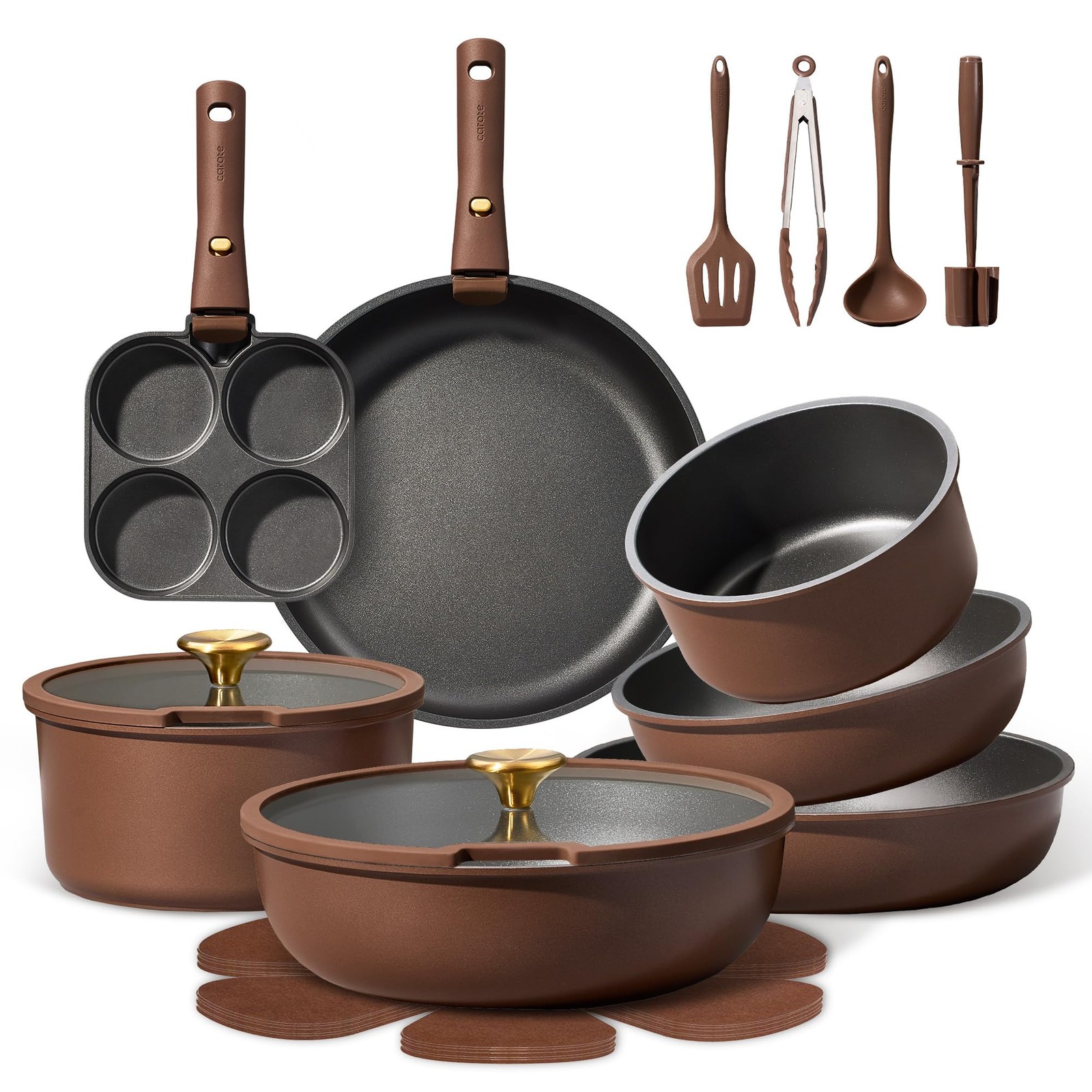 CAROTE 21pcs Pots and Pans Set, Nonstick Cookware Set 21 Piece, Brown