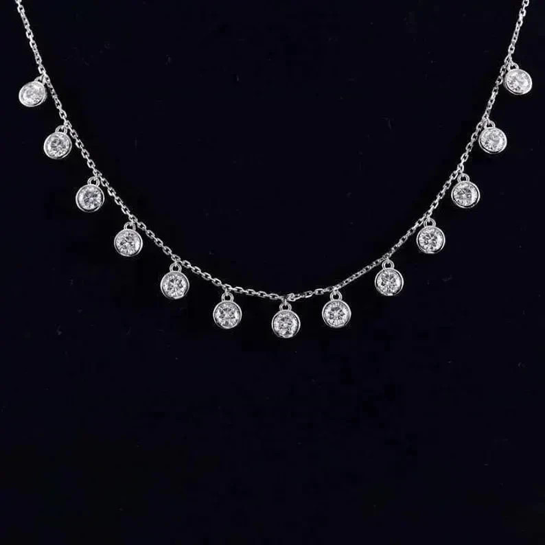 Diamond & 14K White Gold Over Bezel Floating Chain Layered Station 18\