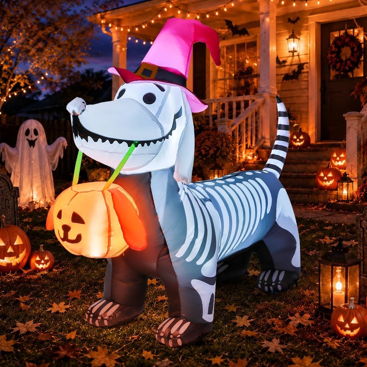 GOOSH 5.5 FT Halloween Inflatable Skeleton Puppy Pumpkin LED Yard Decoration