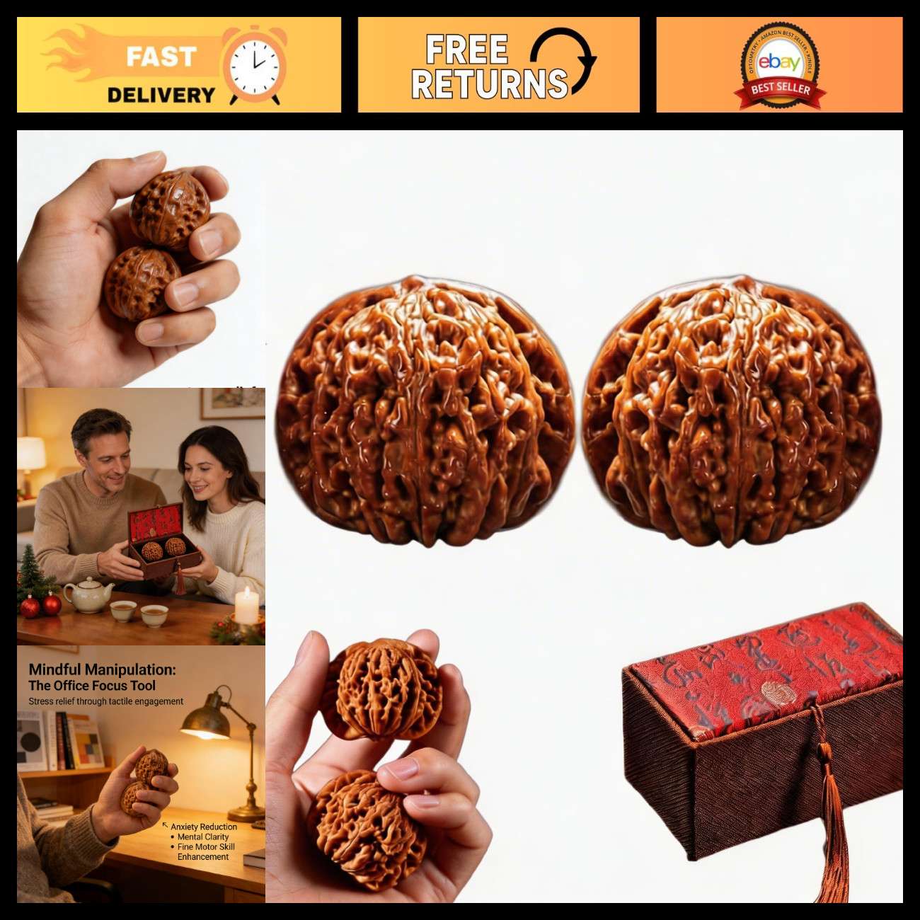 Natural Polished Chinese Wenwan Meditation Walnuts - Irregular Fidget Stress Bal