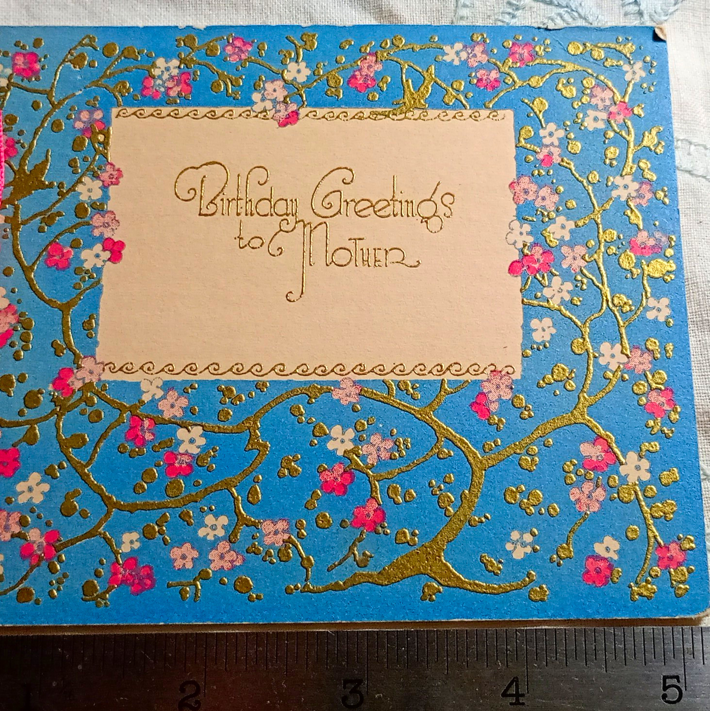 Rust Craft VTG Birthday Card for Mother Blue Floral Pink Ribbon EMBOSSED GOLD