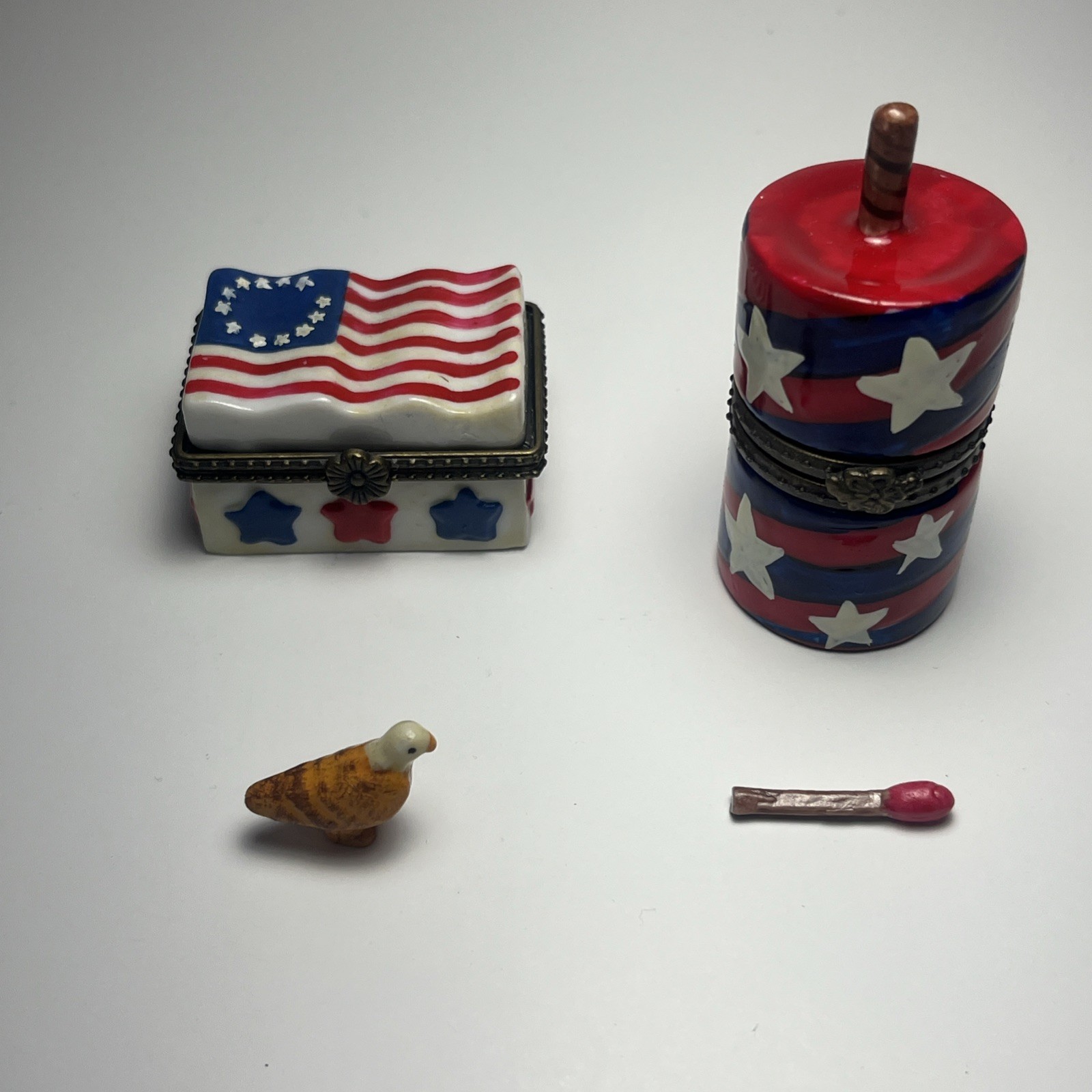 2 Vintage Ceramic Trinket Boxes Betsy Ross Flag W/Eagle & Firecracker With Match