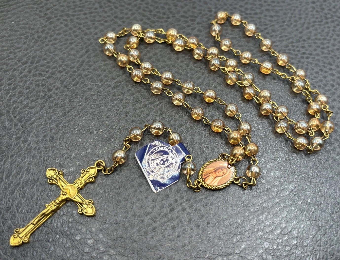 VTG America Needs Fatima Rosary Iridescent AB Beads Crucifix Enamel Gold Tone