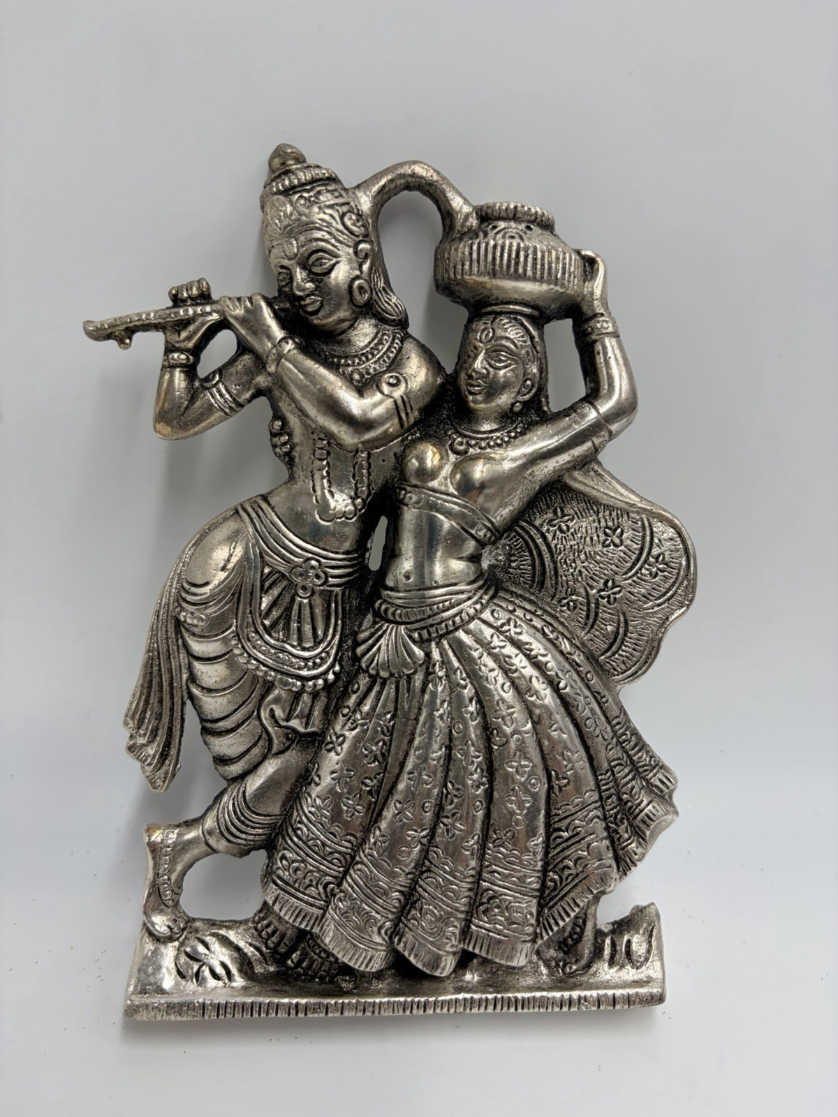 Folk Art India Lord Radha Krishna Silver Tone Metal Dancing 6” Hindu Wall Art