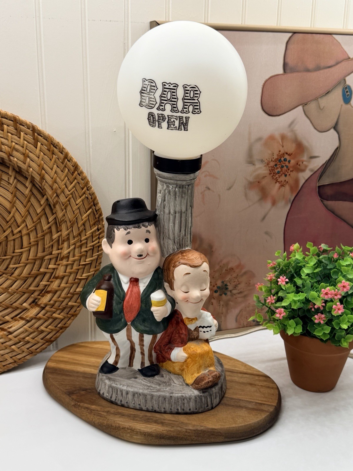 Rare Vintage Laurel & Hardy Bar Open Lamp Retro Pub Bar Light Collectible Decor
