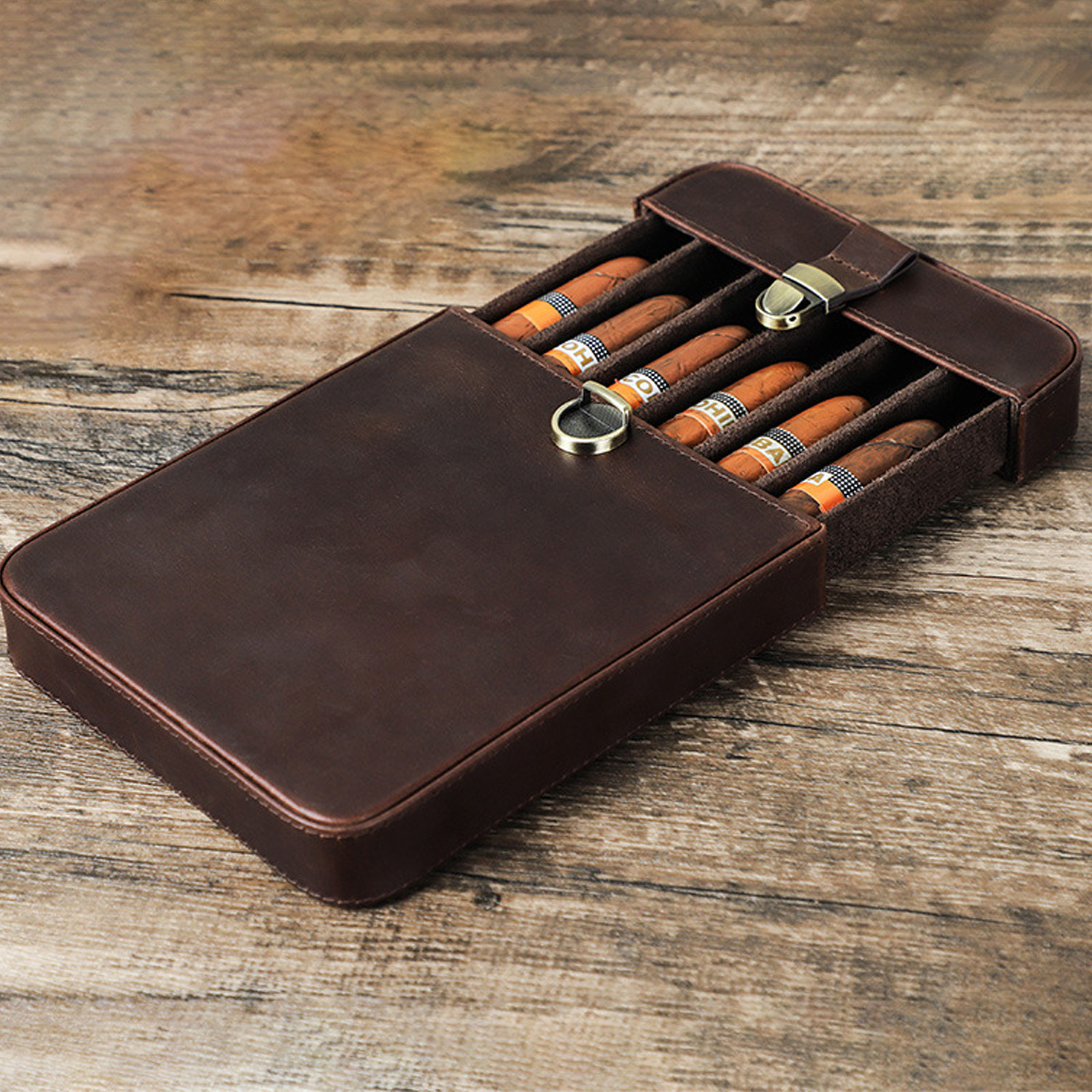 Vintage Leather Cigar Case Handcrafted 6 Slots Drawer Style Lock Buckle Coffee