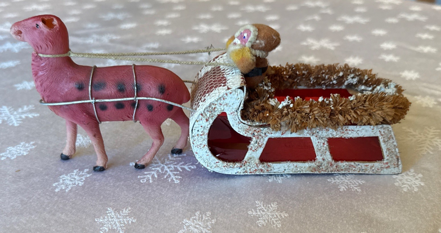 Vintage Clay Faced Santa And Sleigh Candy Container With Celluloid Reindeer
