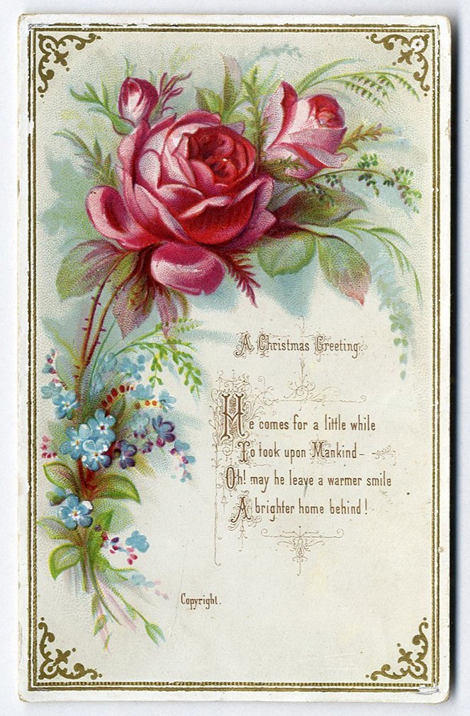 Victorian CHRISTMAS Greeting Card 1880\'s Pretty PINK ROSES and Poem