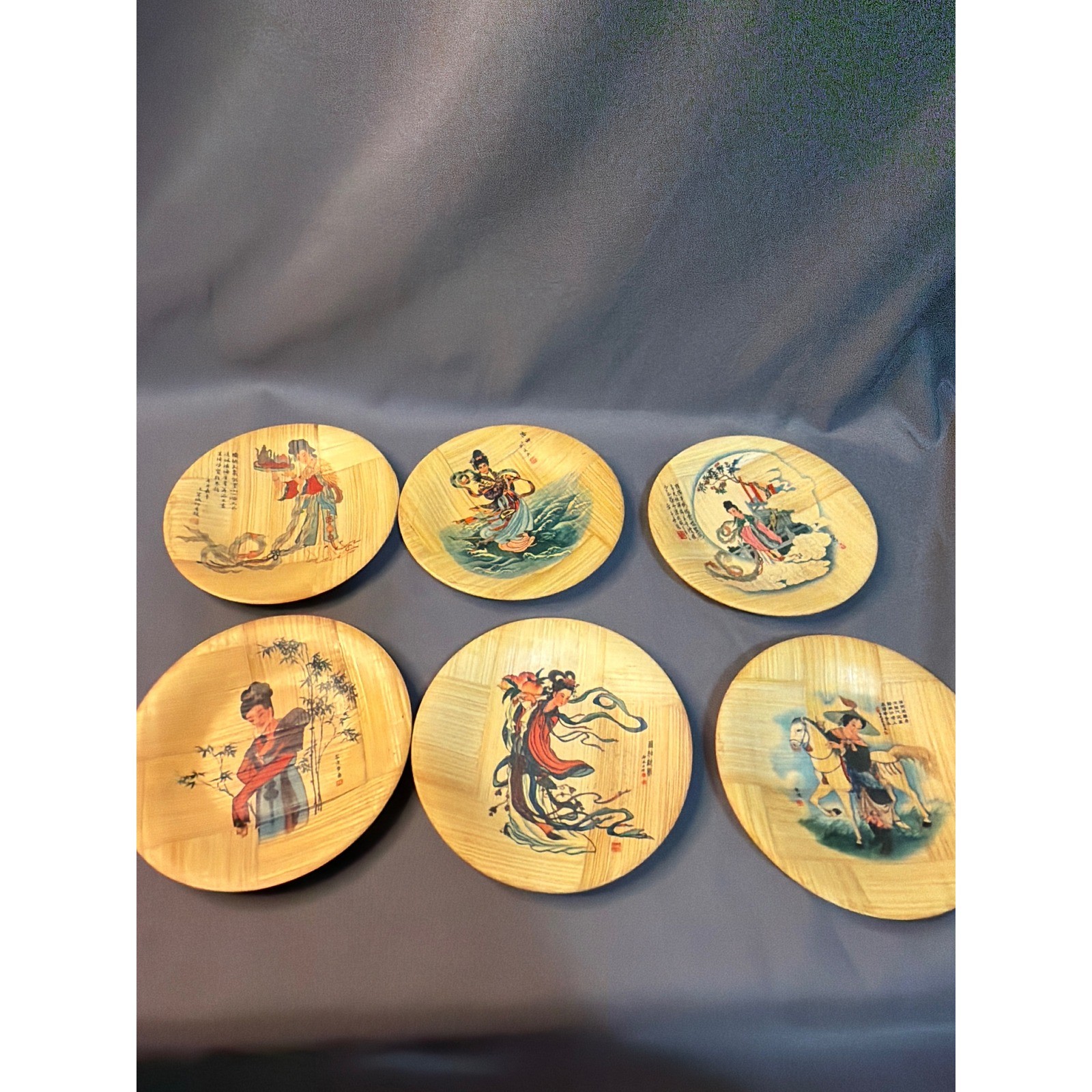 Vintage Set of 6 Chinese Bamboo Coasters Hand Painted Traditional Figures Decor