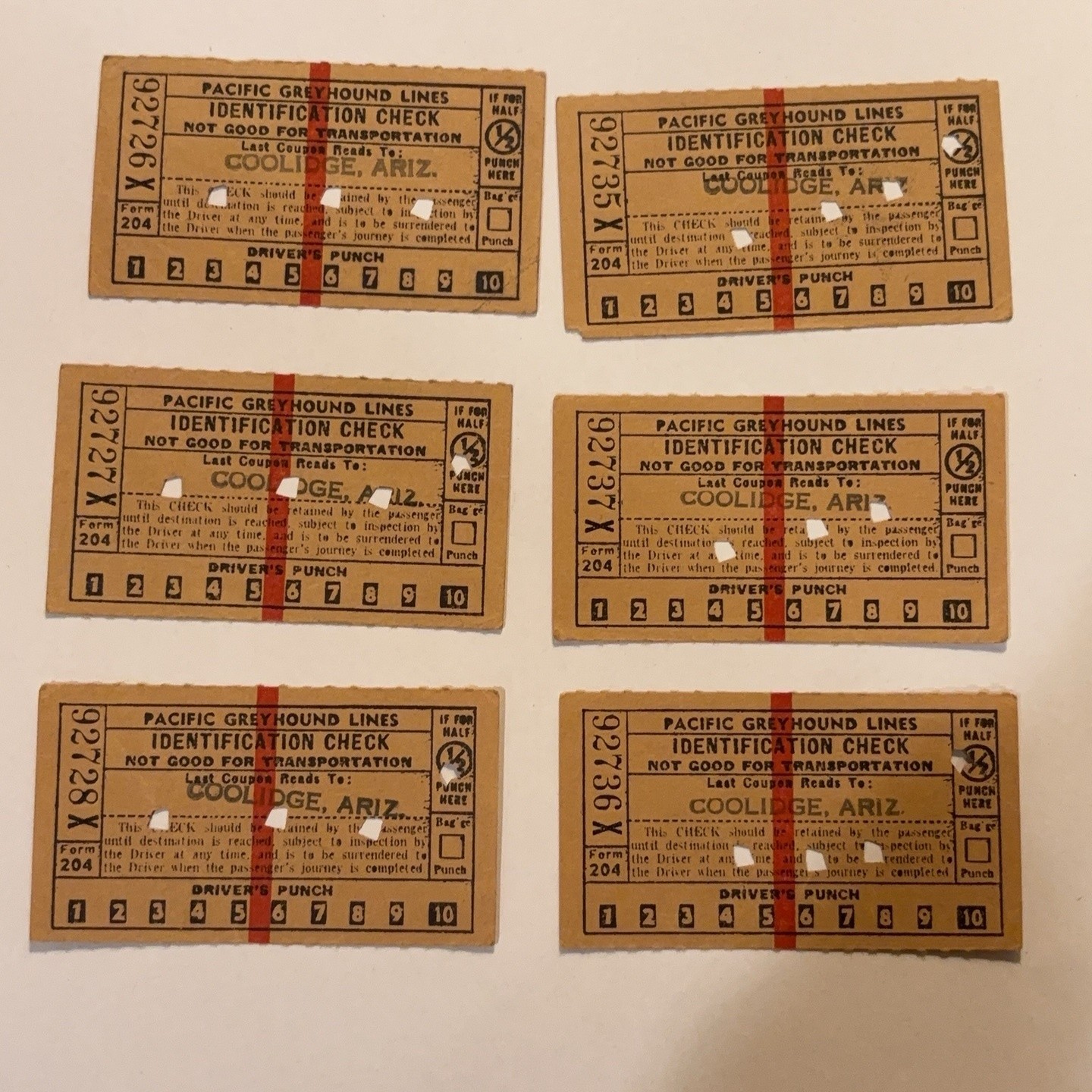 Vintage 1953 Greyhound Paper ID Tickets Lot 6 Coolidge AZ 50s Ephemera MCM