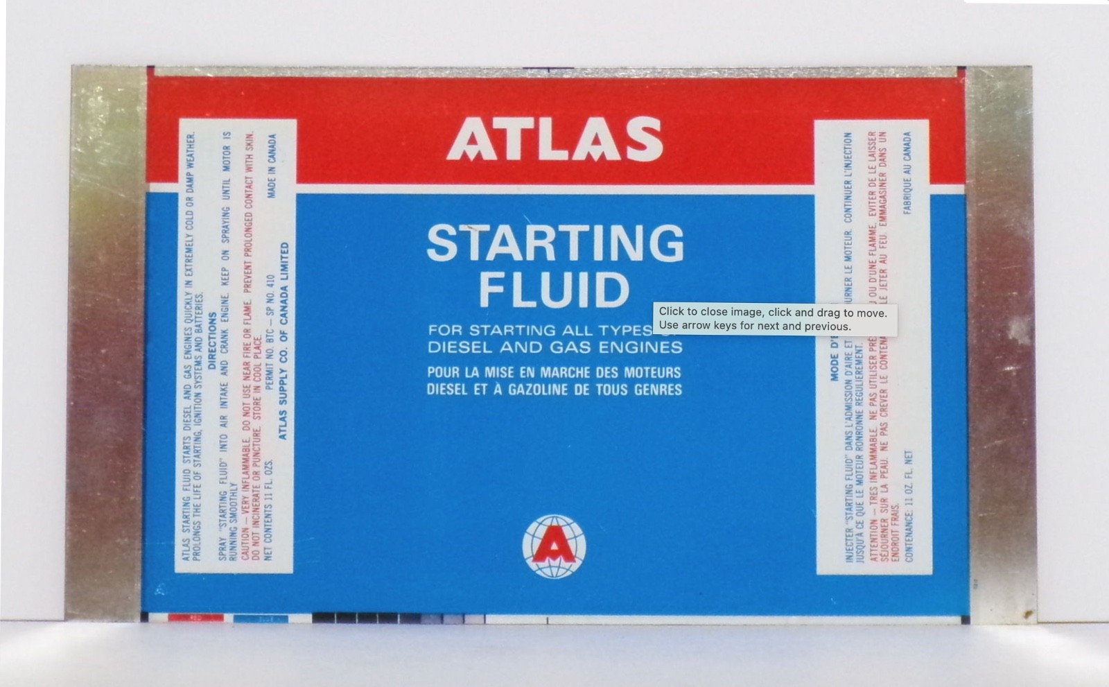 Rare Vintage 1960s Atlas Starting Fluid Body Blank Flat Sheet Lithograph Canada