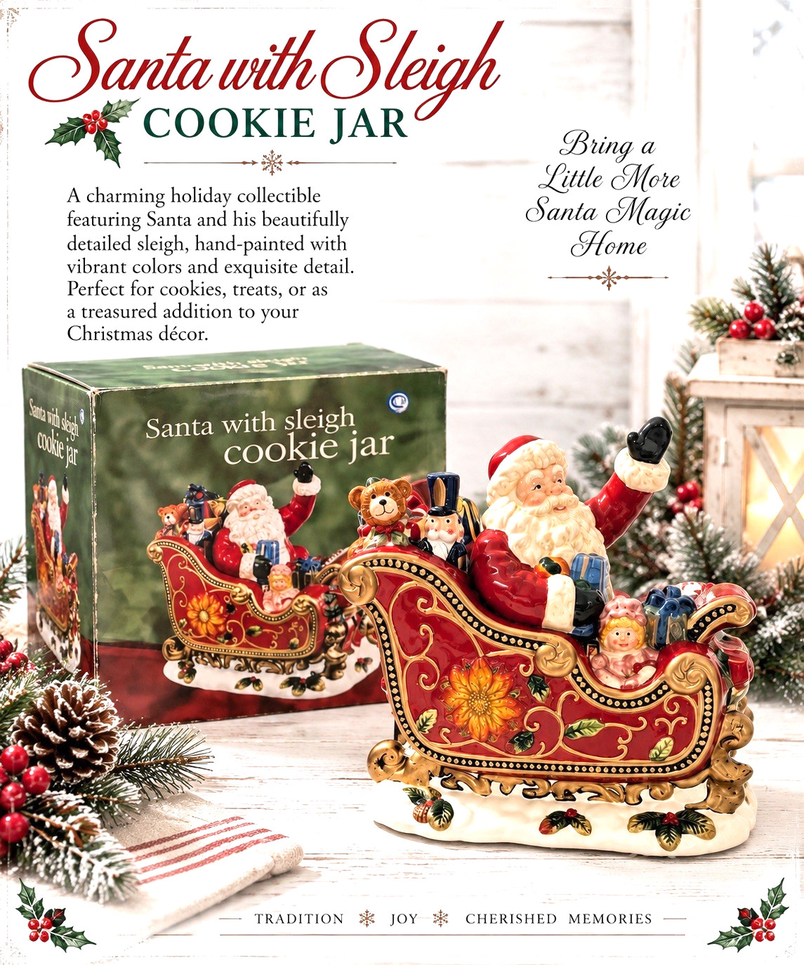 New Christmas Waving Santa Toys Sleigh Ceramic Cookie Jar Collectible Home Decor