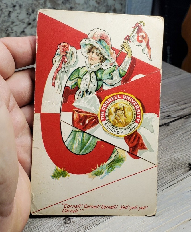 Antique Cornell College Girl Mechanical Pennant Foldout Postcard Poli Vaudeville